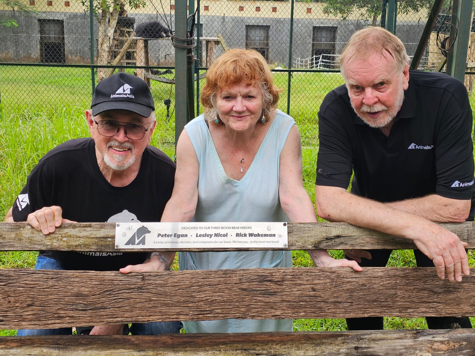 Peter Egan, Leslie Nicol (Downton Abbey) and Rick by the bench in their honour at the Tam Dao sanctuary.